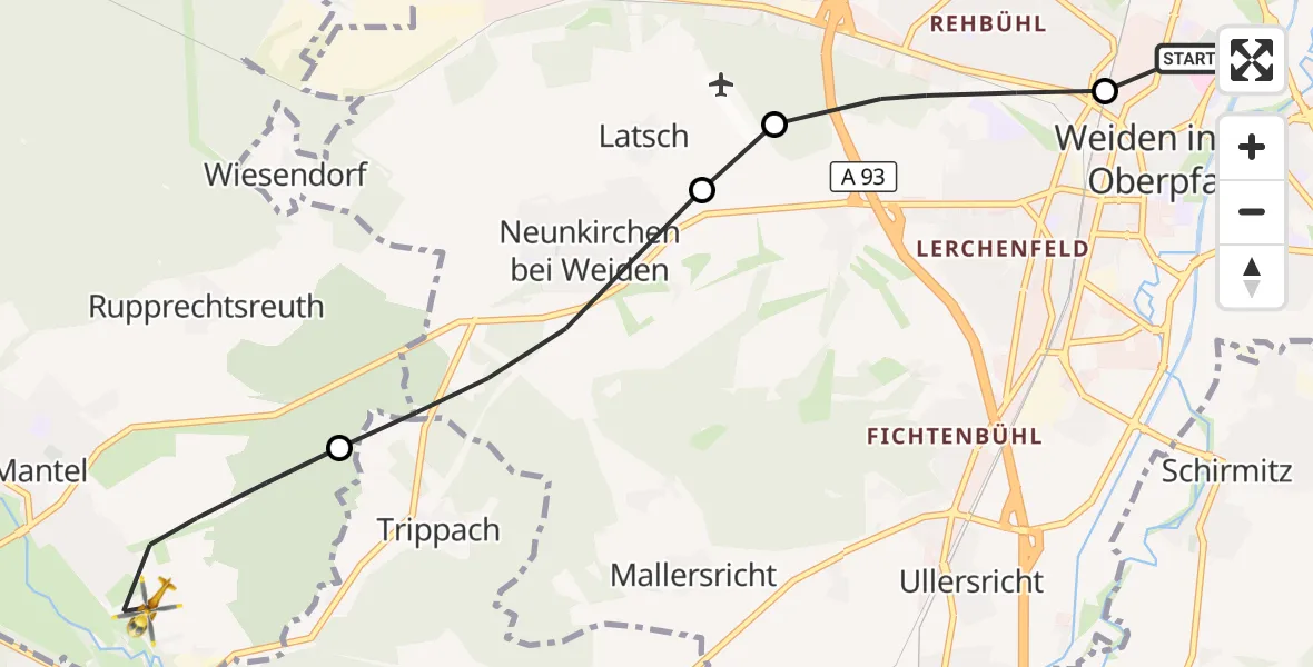 Flugroute Rettungshubschrauber Weiden Hospital - Mantel, 02 Mai 2026, 09:08