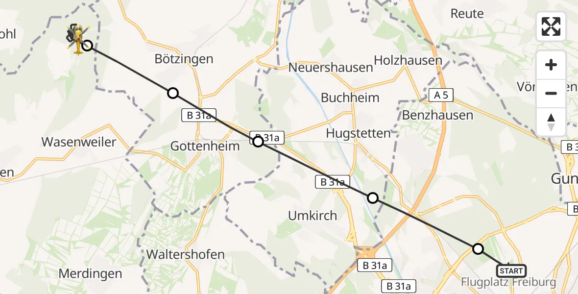 Flugroute Rettungshubschrauber Freiburg im Breisgau Flugplatz - Ihringen, 02 Mai 2026, 09:10