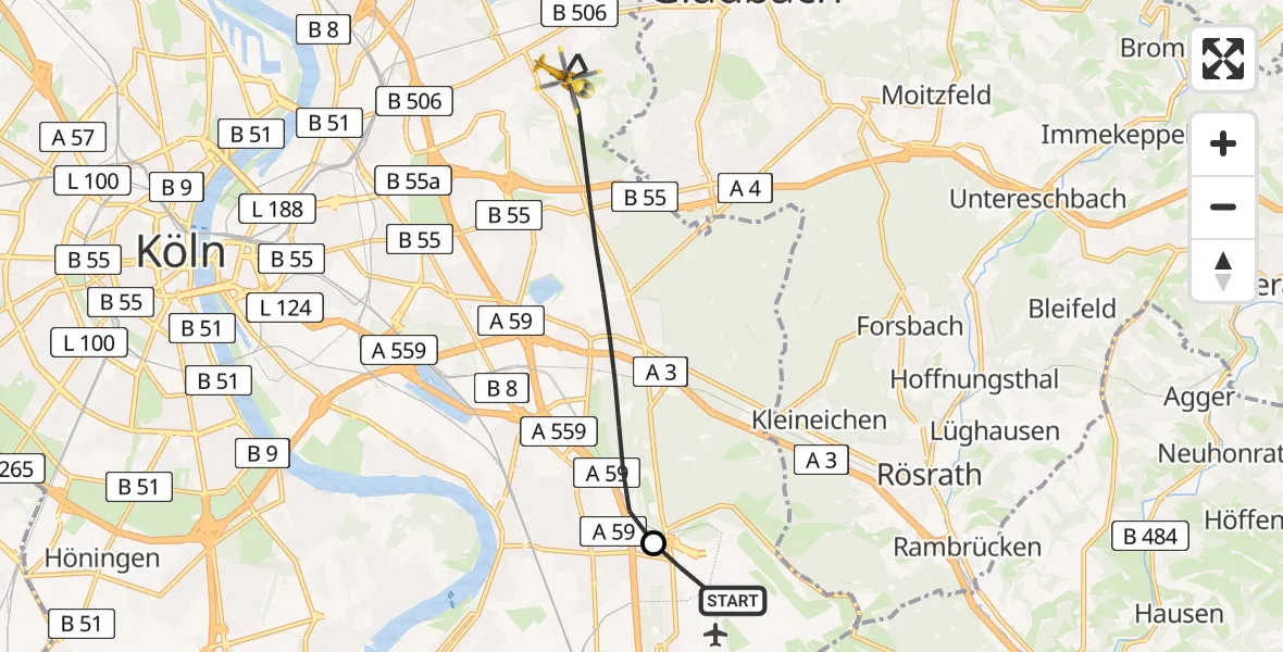 Flugroute Rettungshubschrauber Köln Bonn Flughafen - Köln, 02 Mai 2026, 09:12