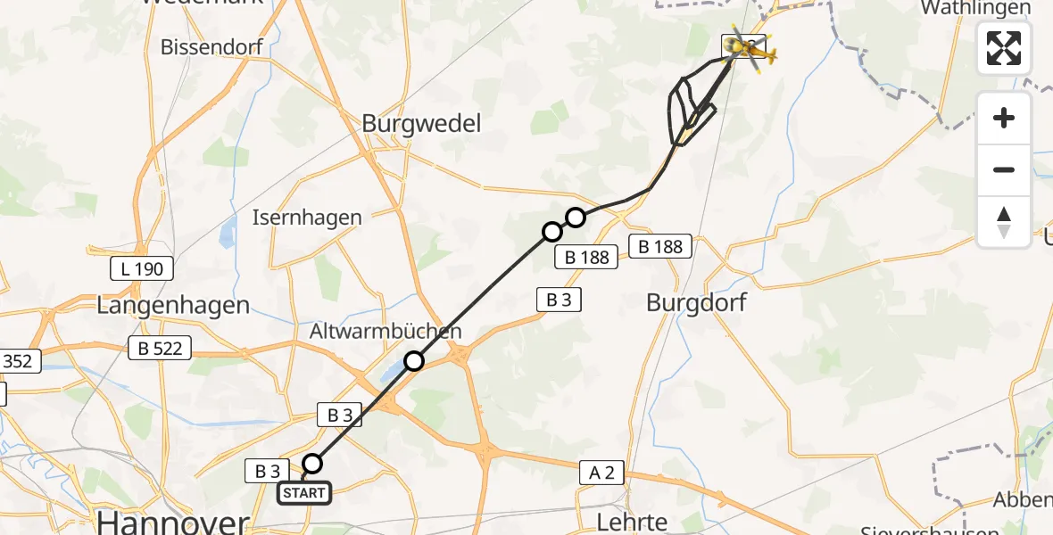 Flugroute Rettungshubschrauber Hannover Luftrettung Hubschrauberlandeplatz (Christoph 4) - Burgdorf, 02 Mai 2026, 09:16