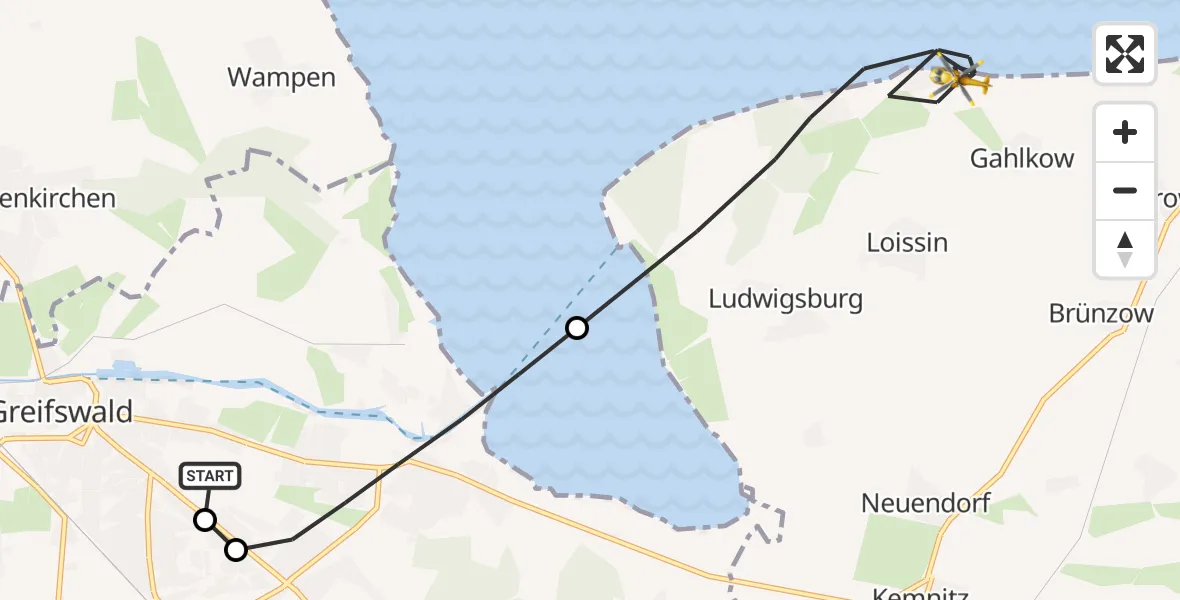 Flugroute Rettungshubschrauber Greifswald Hospital - Loissin, 02 Mai 2026, 09:25