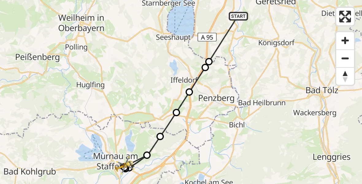 Flugroute Rettungshubschrauber Eurasburg - Murnau Accident Hospital, 02 Mai 2026, 09:25