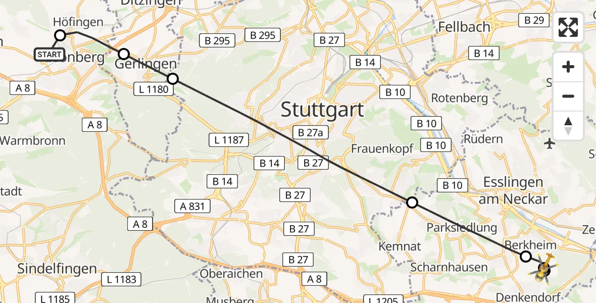 Flugroute Rettungshubschrauber Leonberg Hospital - Esslingen am Neckar, 02 Mai 2026, 09:29