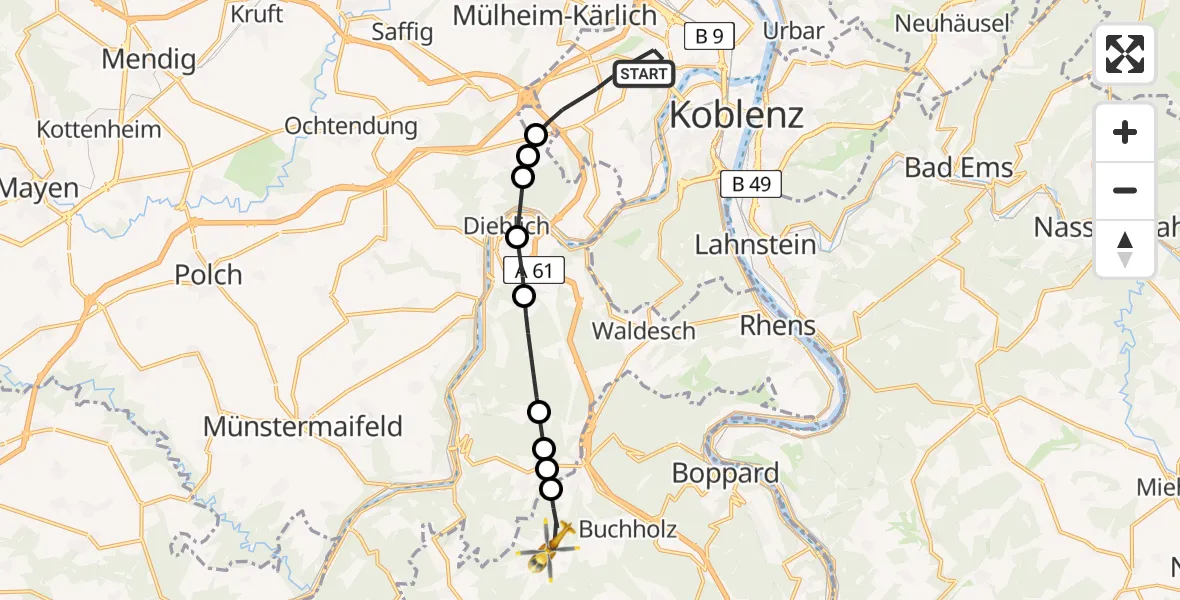 Flugroute Rettungshubschrauber Koblenz - Boppard, 02 Mai 2026, 09:30