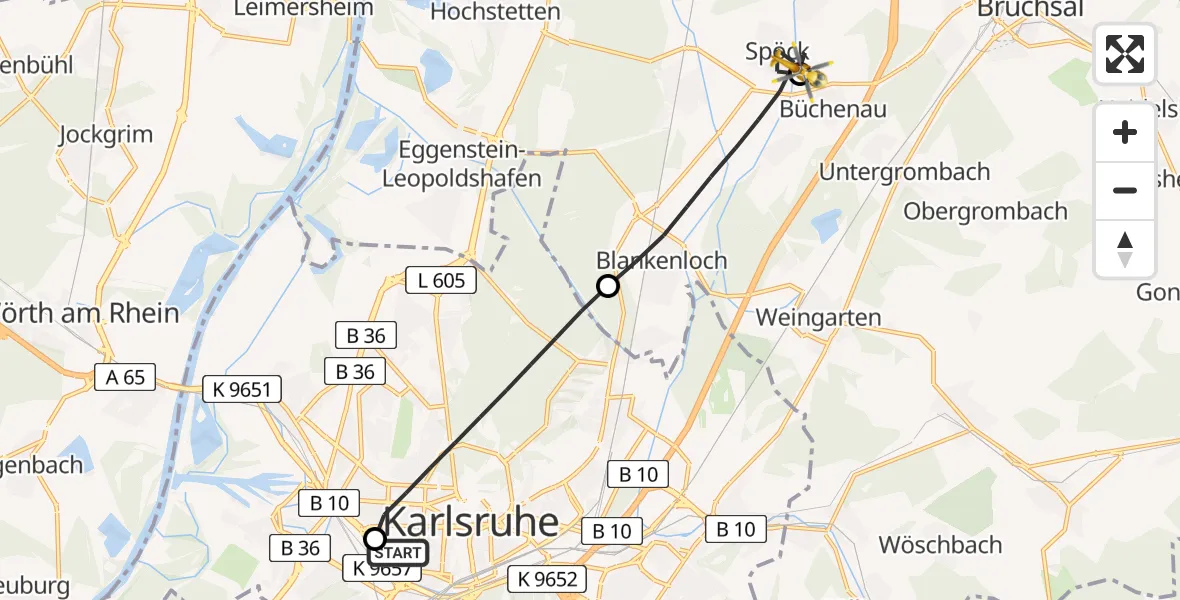 Flugroute Rettungshubschrauber Sankt Vincentius Hospital - Bruchsal, 02 Mai 2026, 09:36