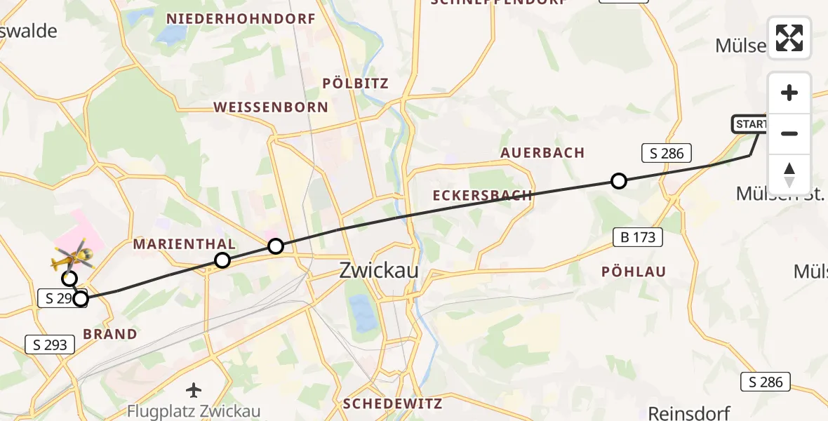 Flugroute Rettungshubschrauber Mülsen - ADAC Air Rescue Station Zwickau Hubschrauberlandeplatz, 02 Mai 2026, 09:37