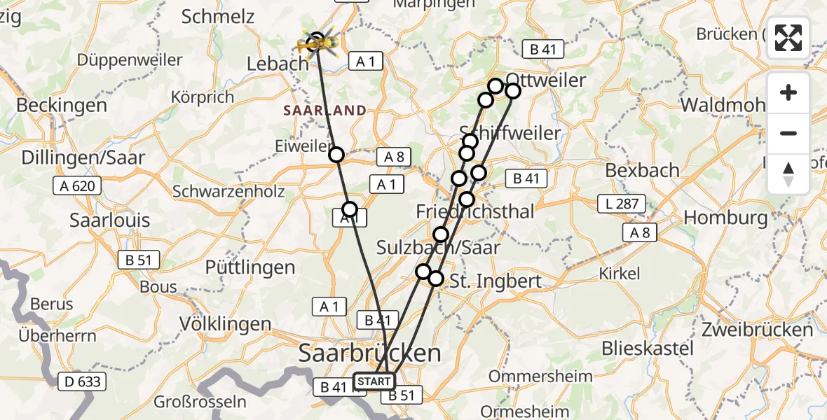 Flugroute Rettungshubschrauber Saarbrücken - Eppelborn, 02 Mai 2026, 09:41