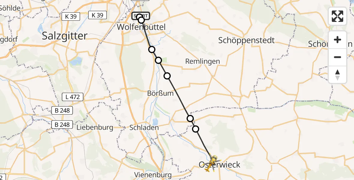 Flugroute Rettungshubschrauber Wolfenbüttel Municipal Hospital Heliport (Christoph 30) - Osterwieck, 02 Mai 2026, 09:42