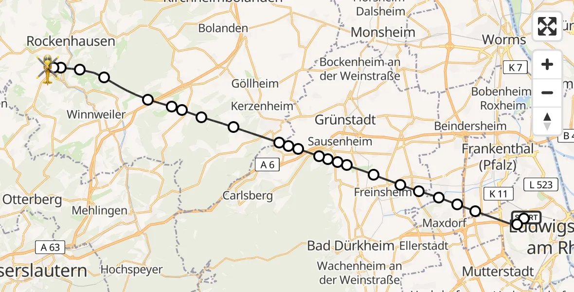 Flugroute Rettungshubschrauber Ludwigshafen Accident Hospital - Imsweiler UL, 02 Mai 2026, 09:43