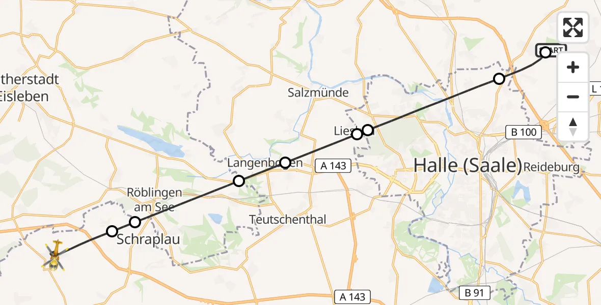 Flugroute Rettungshubschrauber Halle-Oppin Flugplatz - Farnstädt, 02 Mai 2026, 09:45