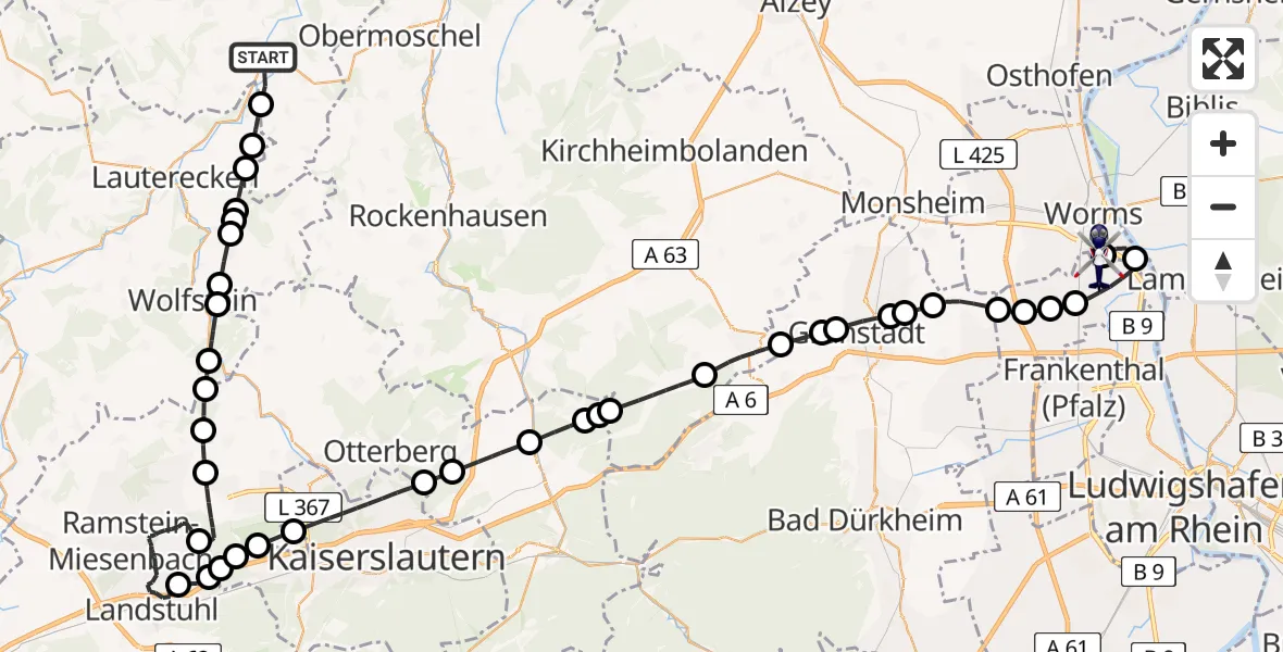 Flugroute Polizeihubschrauber Meisenheim - Worms Flugplatz, 02 Mai 2026, 09:49