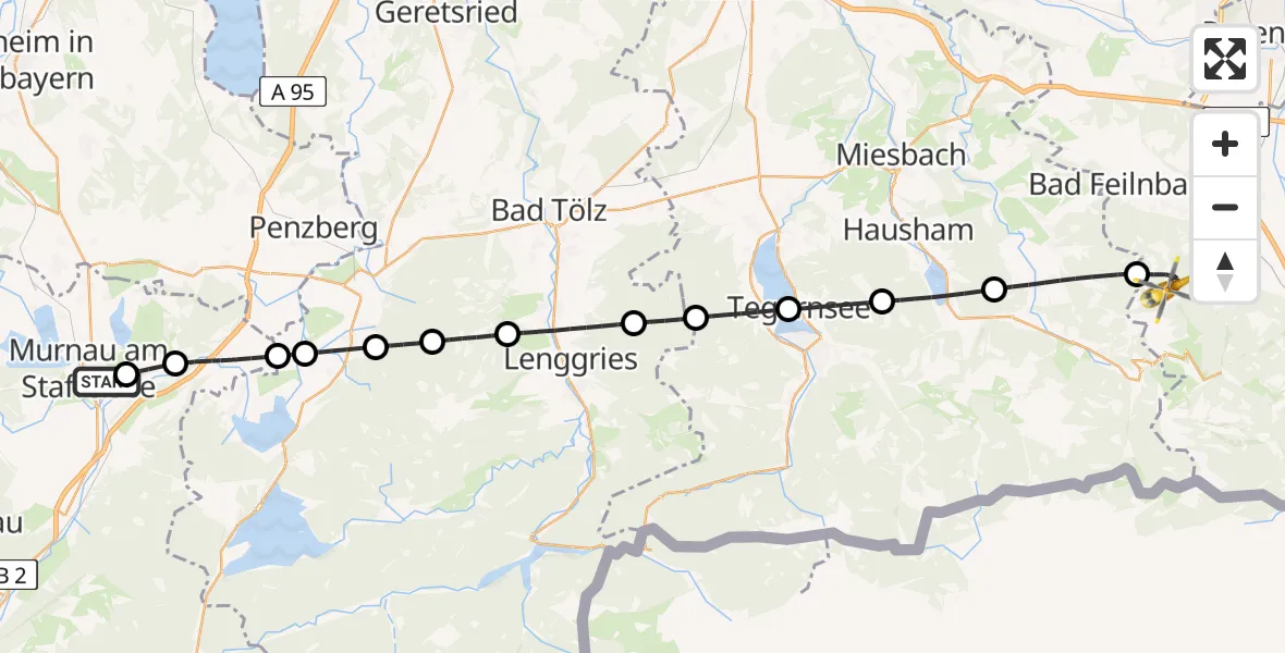 Flugroute Rettungshubschrauber Murnau Accident Hospital - Brannenburg, 02 Mai 2026, 09:51