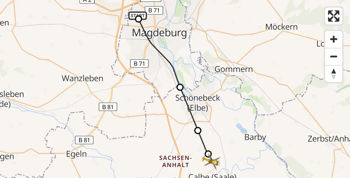 Flugroute Rettungshubschrauber Magdeburg Hospital - Calbe (Saale), 02 Mai 2026, 09:58