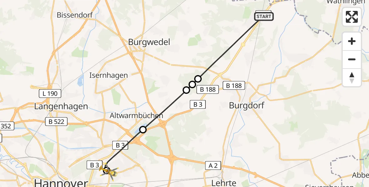 Flugroute Rettungshubschrauber Burgdorf - Hannover Luftrettung Hubschrauberlandeplatz (Christoph 4), 02 Mai 2026, 10:02