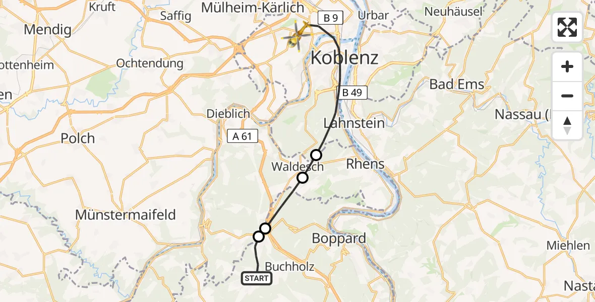 Flugroute Rettungshubschrauber Boppard - Koblenz, 02 Mai 2026, 10:10