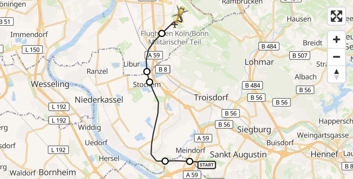 Flugroute Rettungshubschrauber Sankt Augustin - Köln Bonn Flughafen, 02 Mai 2026, 10:15