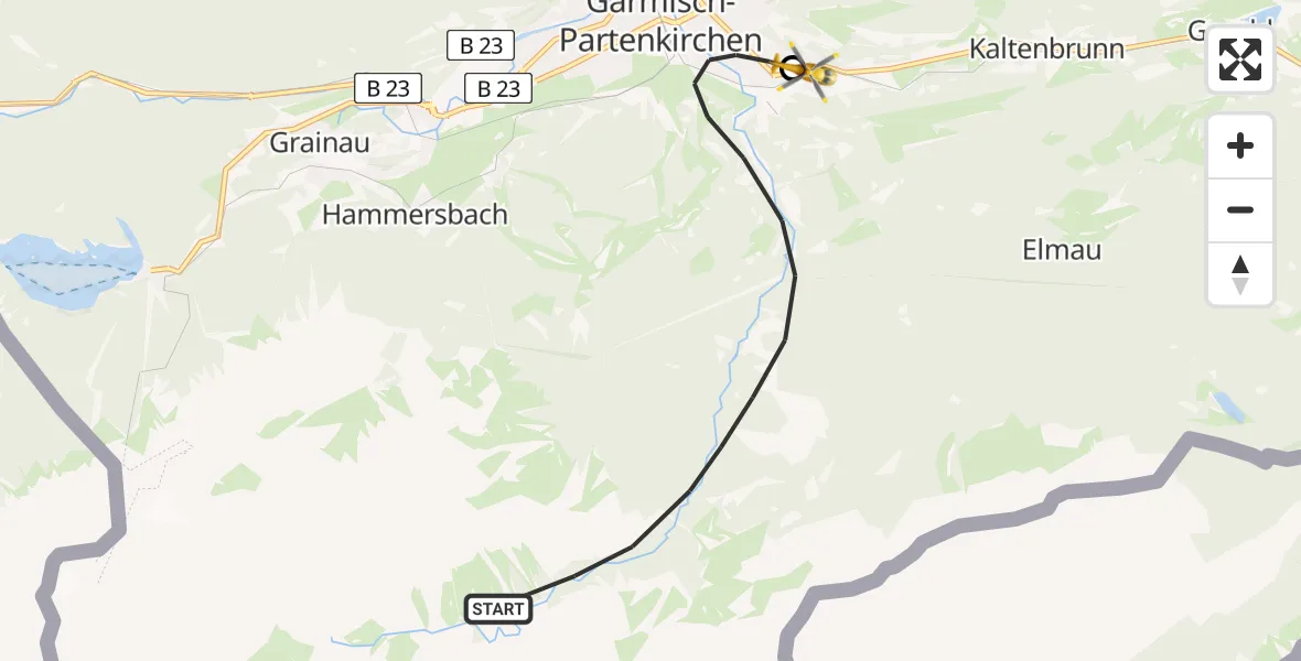 Flugroute Rettungshubschrauber Garmisch-Partenkirchen - Garmisch-Partenkirchen Clinic Hubschrauberlandeplatz, 02 Mai 2026, 10:20