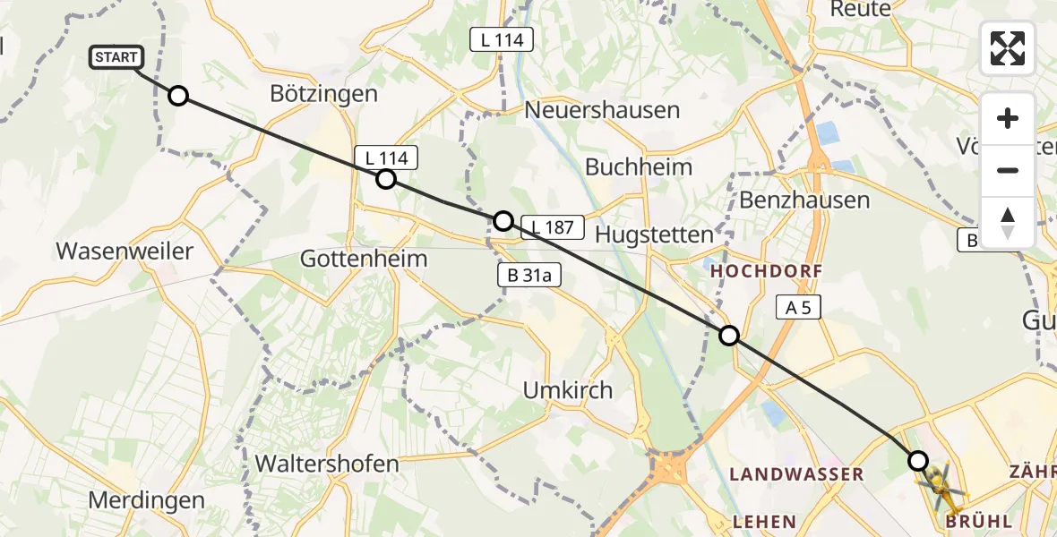 Flugroute Rettungshubschrauber Ihringen - Freiburg im Breisgau Flugplatz, 02 Mai 2026, 10:21