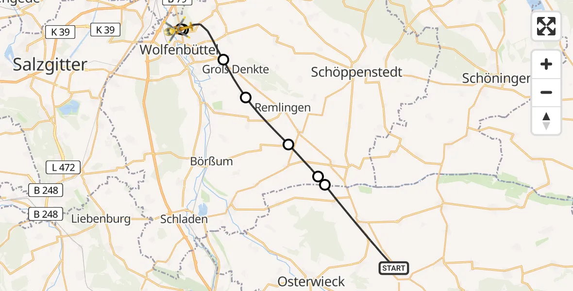 Flugroute Rettungshubschrauber Osterwieck - Wolfenbüttel Municipal Hospital Heliport (Christoph 30), 02 Mai 2026, 10:24