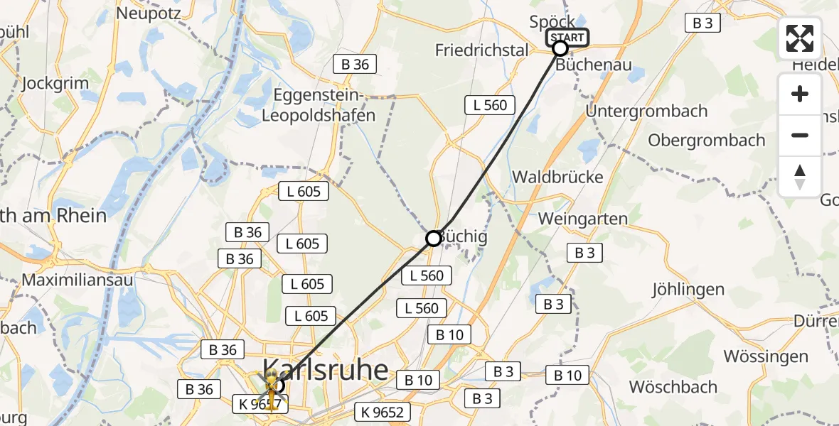 Flugroute Rettungshubschrauber Bruchsal - Sankt Vincentius Hospital, 02 Mai 2026, 10:26