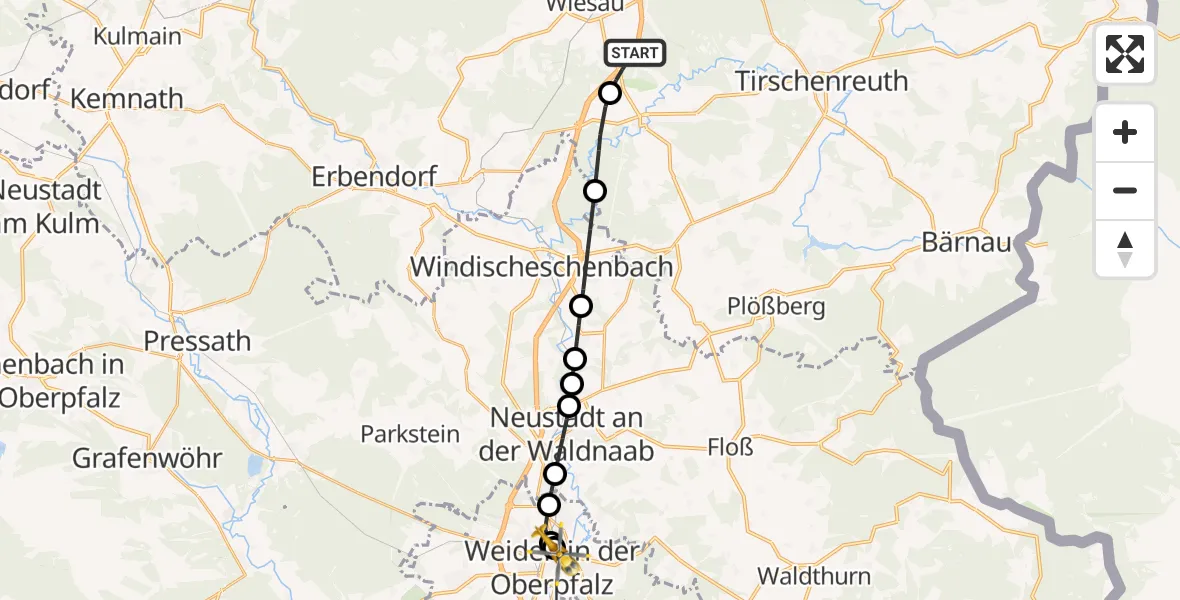 Flugroute Rettungshubschrauber Wiesau - Weiden Hospital, 02 Mai 2026, 10:34