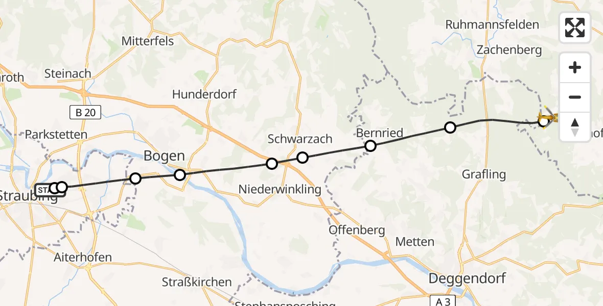 Flugroute Rettungshubschrauber Sankt Elisabeth Hospital Straubing - Bischofsmais, 02 Mai 2026, 10:38