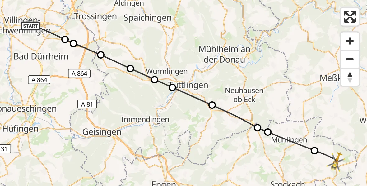 Flugroute Ambulanzhubschrauber Villingen-Schwenningen - Hohenfels, 02 Mai 2026, 10:43
