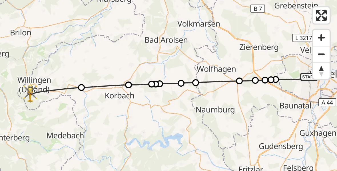 Flugroute Rettungshubschrauber Kassel - Willingen (Upland), 02 Mai 2026, 10:45