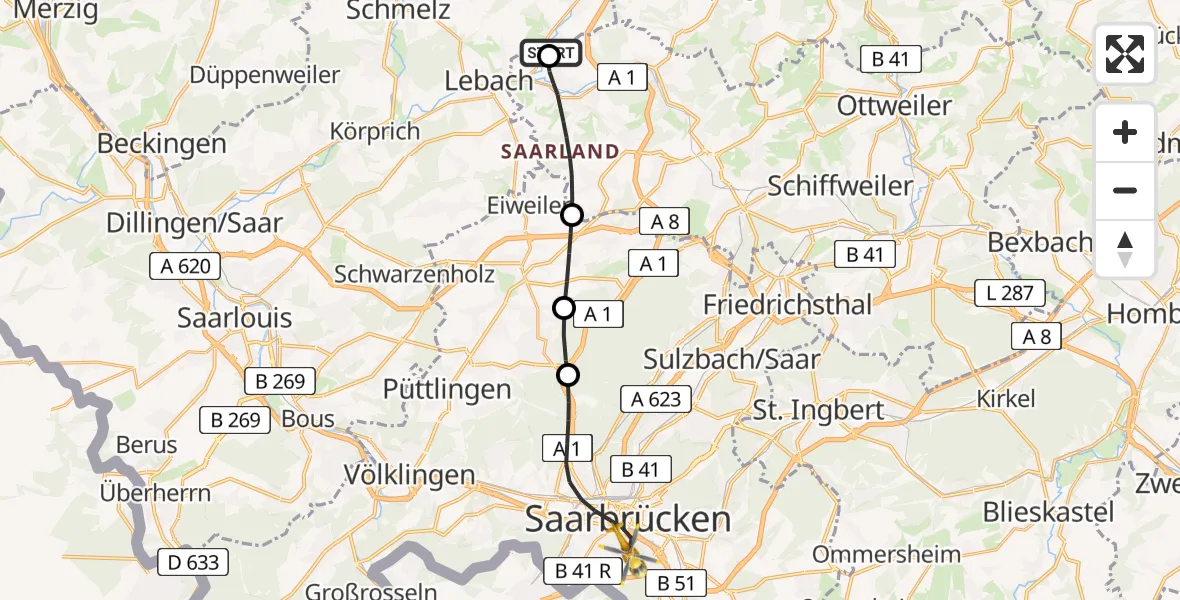Flugroute Rettungshubschrauber Lebach - Saarbrücken, 02 Mai 2026, 10:45