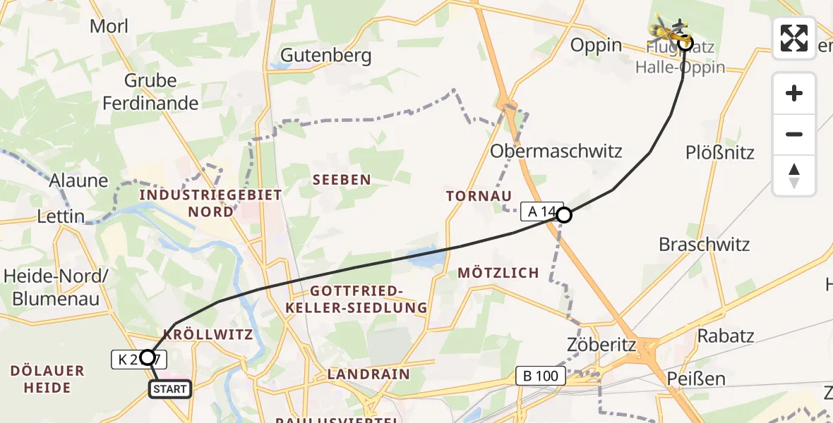 Flugroute Rettungshubschrauber Halle (Saale) University Hospital - Halle-Oppin Flugplatz, 02 Mai 2026, 11:03