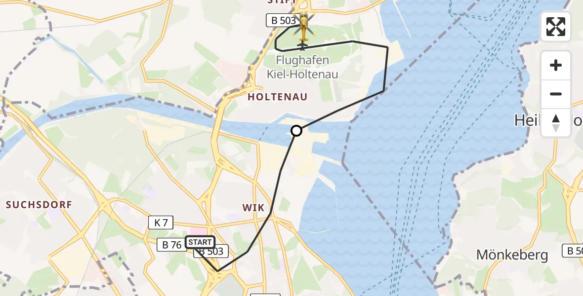 Flugroute Rettungshubschrauber Kiel - Kiel-Holtenau Flughafen, 02 Mai 2026, 11:07