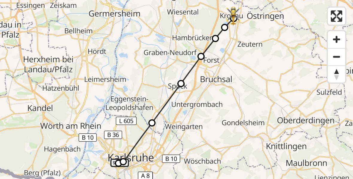 Flugroute Rettungshubschrauber Sankt Vincentius Hospital - Kronau, 02 Mai 2026, 11:13