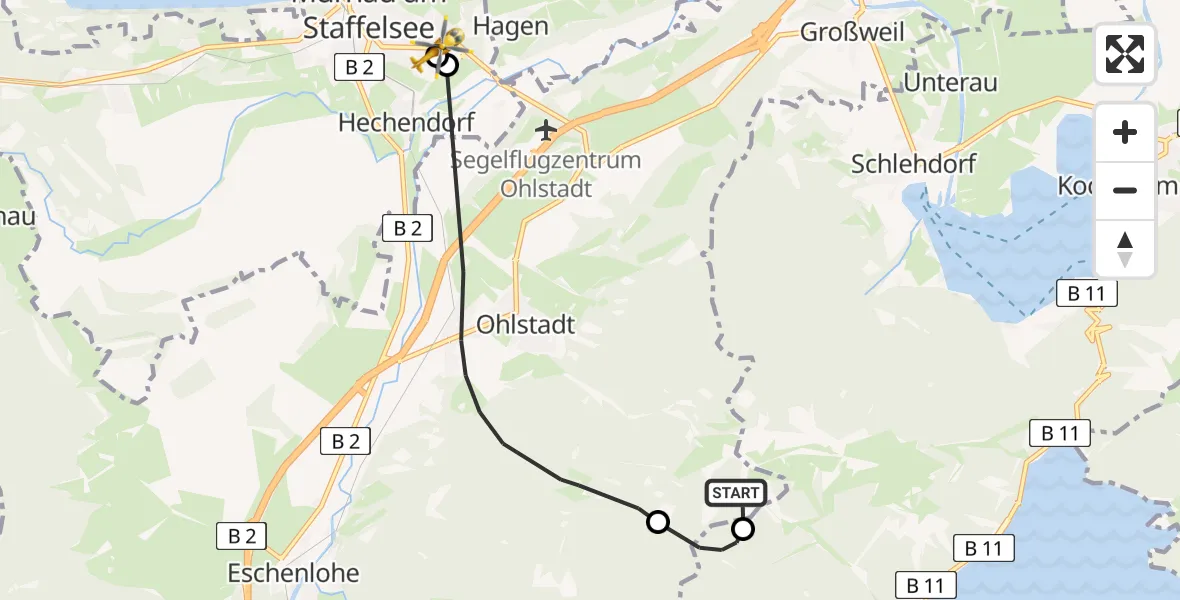 Flugroute Rettungshubschrauber Ohlstadt - Murnau Accident Hospital, 02 Mai 2026, 11:13