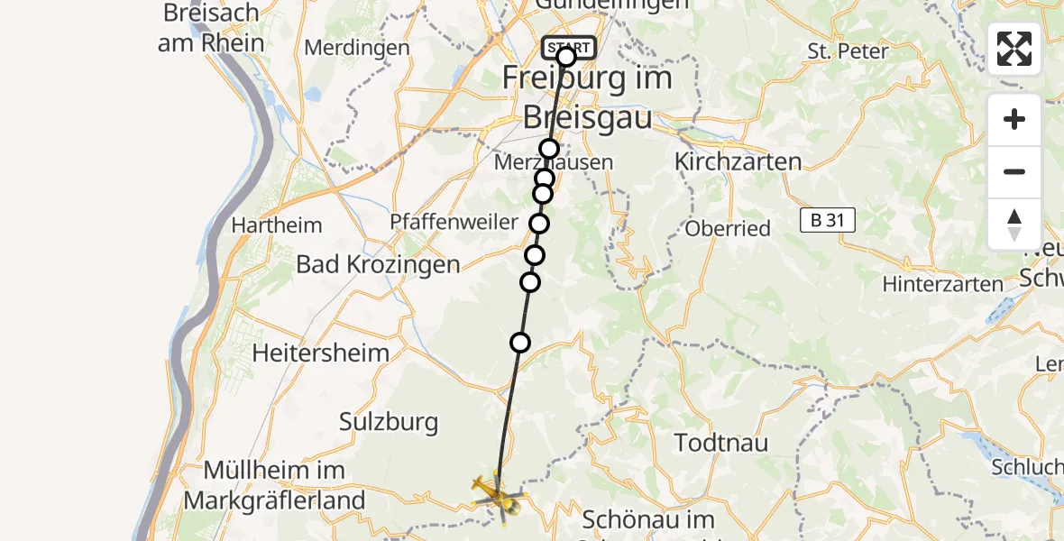 Flugroute Rettungshubschrauber Freiburg im Breisgau Flugplatz - Münstertal/Schwarzwald, 02 Mai 2026, 11:13