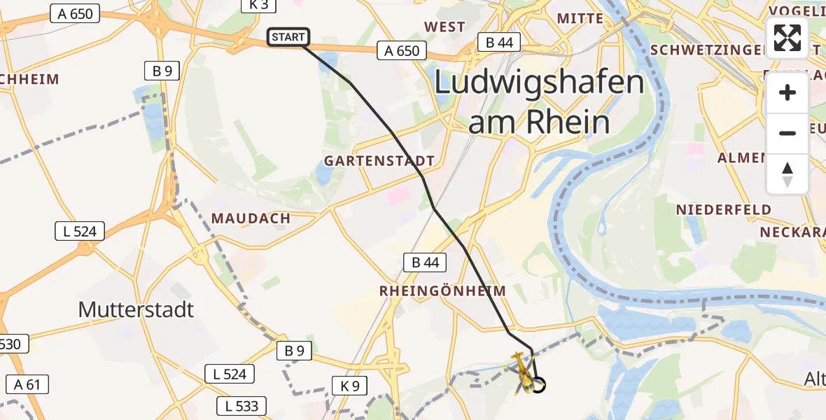 Flugroute Rettungshubschrauber Ludwigshafen am Rhein - Neuhofen, 02 Mai 2026, 11:13
