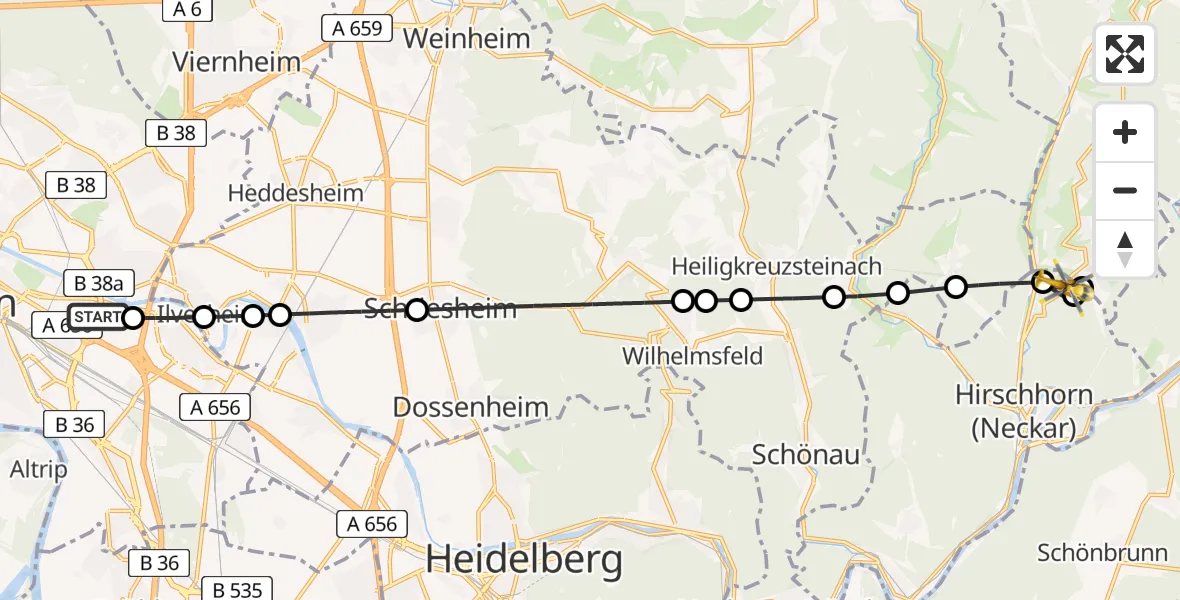 Flugroute Rettungshubschrauber Mannheim-City Flughafen - Hirschhorn (Neckar), 02 Mai 2026, 11:15