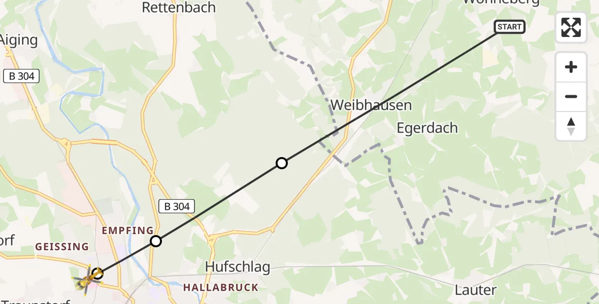 Flugroute Rettungshubschrauber Wonneberg - Traunstein Hospital, 02 Mai 2026, 11:15