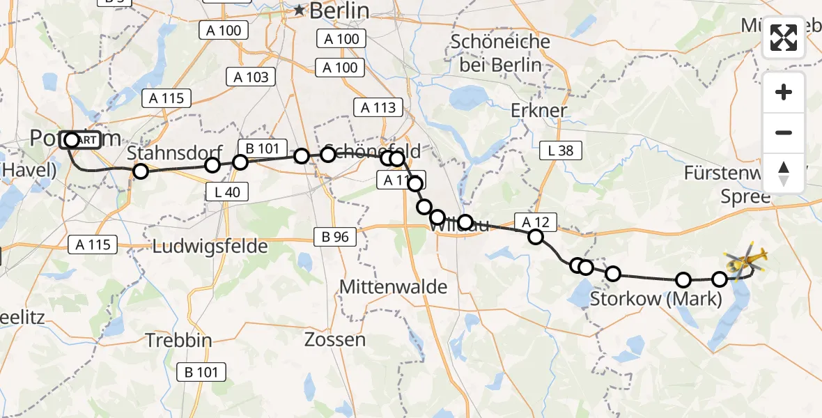 Flugroute Rettungshubschrauber Ernst von Bergmann Clinic Hubschrauberlandeplatz - Bad Saarow, 02 Mai 2026, 11:16