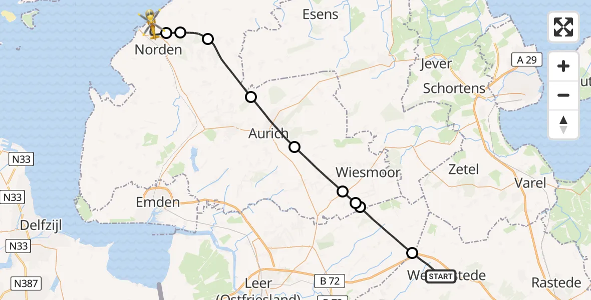 Flugroute Ambulanzhubschrauber Westerstede - Norden-Norddeich Flughafen, 02 Mai 2026, 11:17