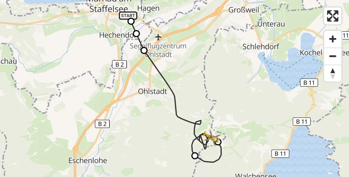 Flugroute Rettungshubschrauber Murnau Accident Hospital - Ohlstadt, 02 Mai 2026, 11:24