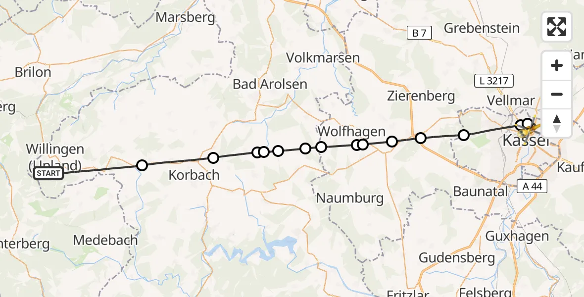 Flugroute Rettungshubschrauber Willingen (Upland) - Kassel, 02 Mai 2026, 11:27