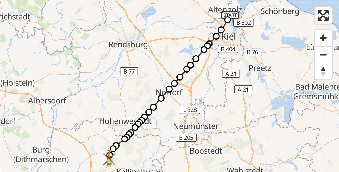 Flugroute Rettungshubschrauber Kiel-Holtenau Flughafen - Itzehoe Hungriger Wolf Flugplatz, 02 Mai 2026, 11:28