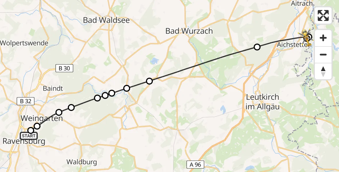 Flugroute Rettungshubschrauber Sankt Elisabeth Hospital - Aichstetten, 02 Mai 2026, 11:30