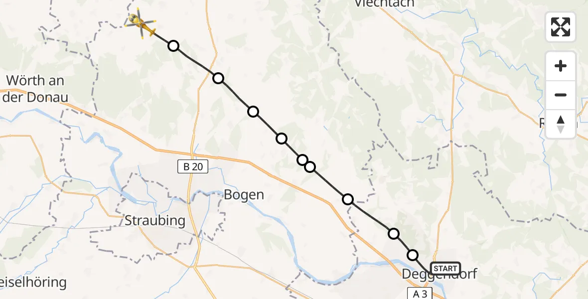 Flugroute Rettungshubschrauber Deggendorf - Wiesenfelden, 02 Mai 2026, 11:34
