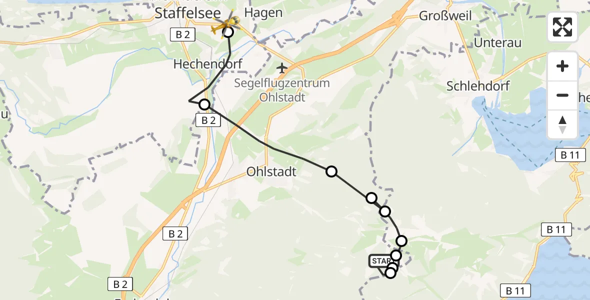 Flugroute Rettungshubschrauber Ohlstadt - Murnau Accident Hospital, 02 Mai 2026, 11:40