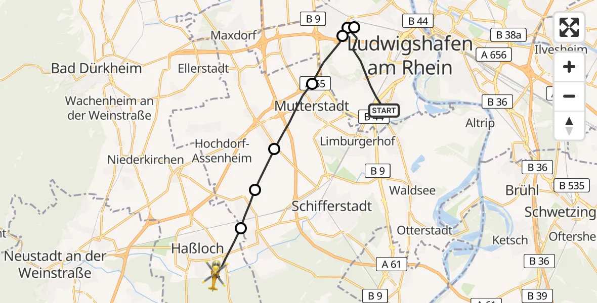 Flugroute Rettungshubschrauber Ludwigshafen am Rhein - Haßloch, 02 Mai 2026, 11:50