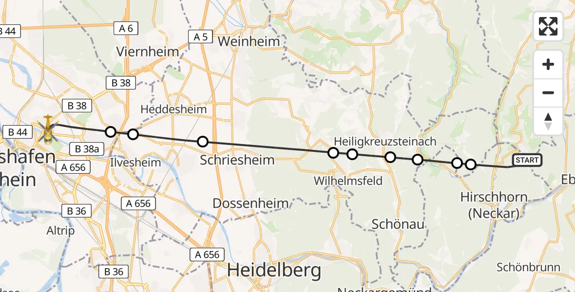 Flugroute Rettungshubschrauber Hirschhorn (Neckar) - Mannheim, 02 Mai 2026, 11:50