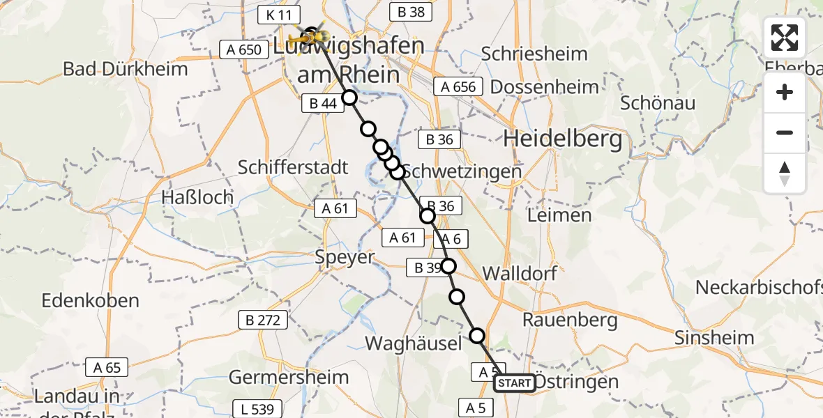 Flugroute Rettungshubschrauber Kronau - Ludwigshafen Accident Hospital, 02 Mai 2026, 11:58