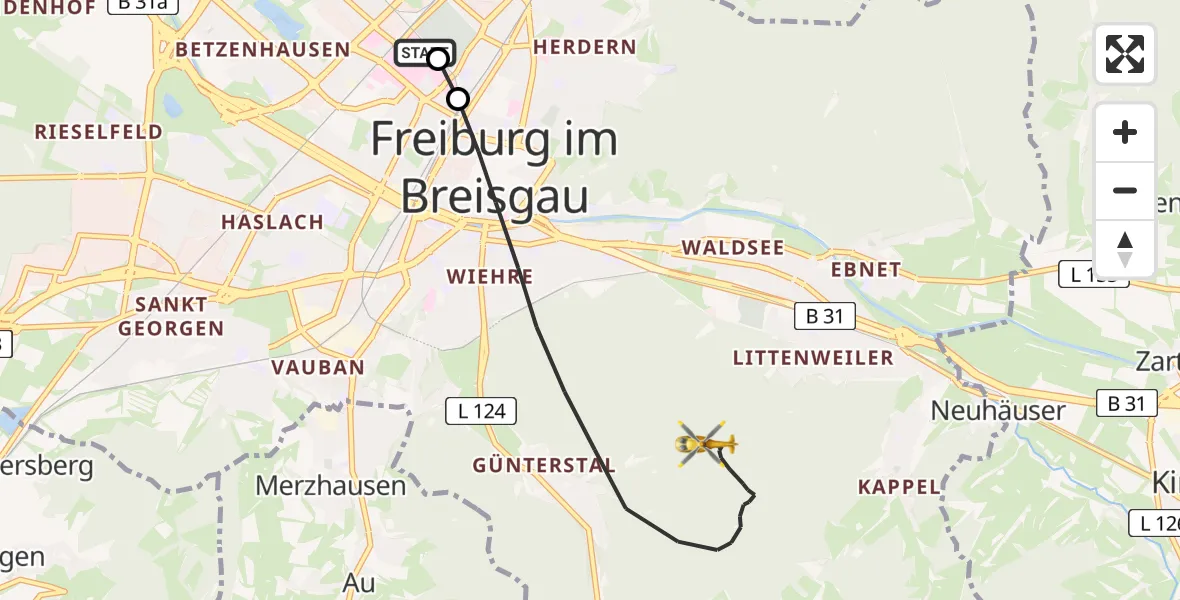 Flugroute Rettungshubschrauber Freiburg University Hospital Heliport 1 - Freiburg im Breisgau, 02 Mai 2026, 12:15