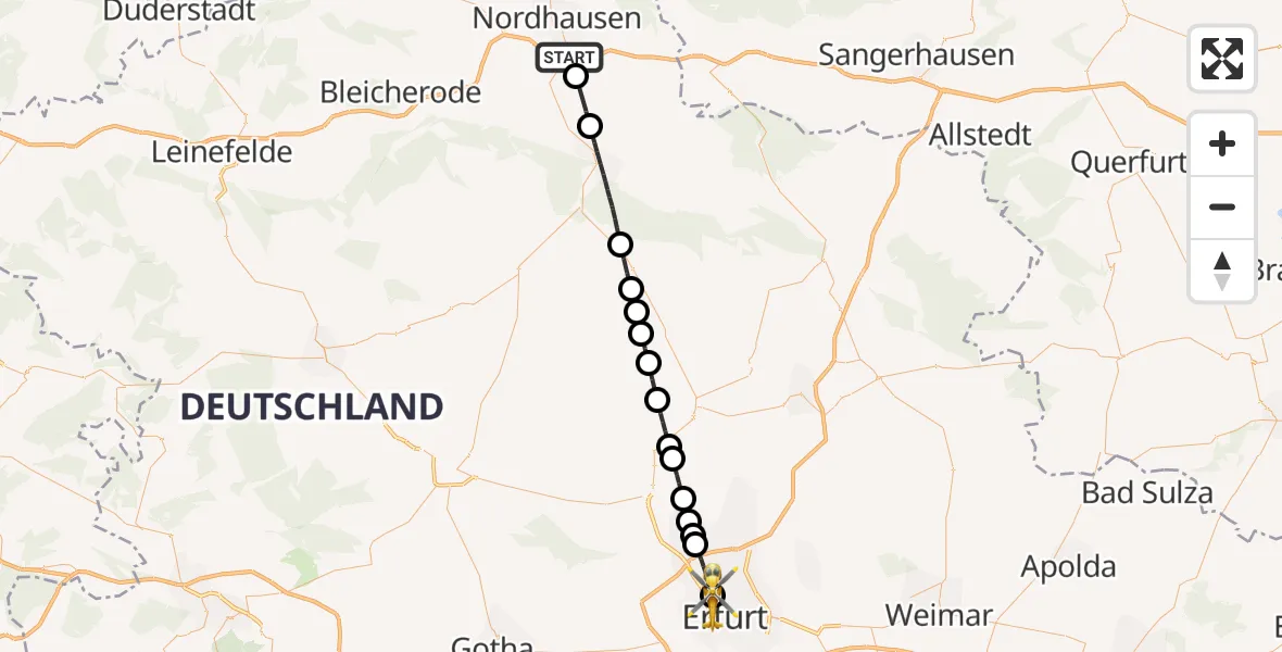 Flugroute Ambulanzhubschrauber Nordhausen - Helios Clinic Erfurt, 02 Mai 2026, 12:17